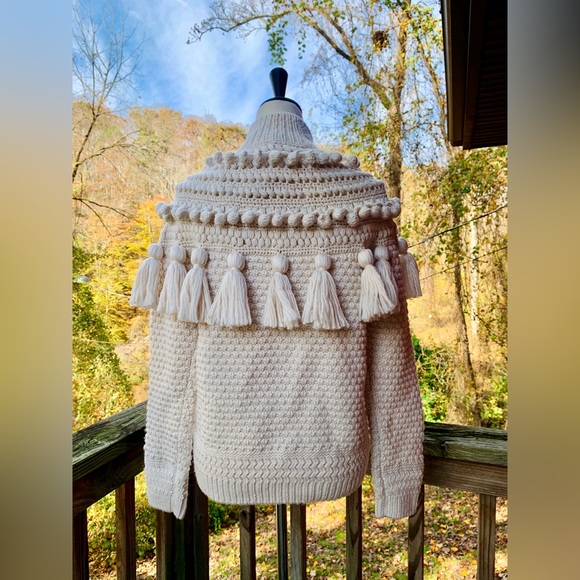 SOLD-Zimmermann Kaleidoscope Natural Crochet Tassel Pom Embellished Wool Sweater - Picture 5 of 9